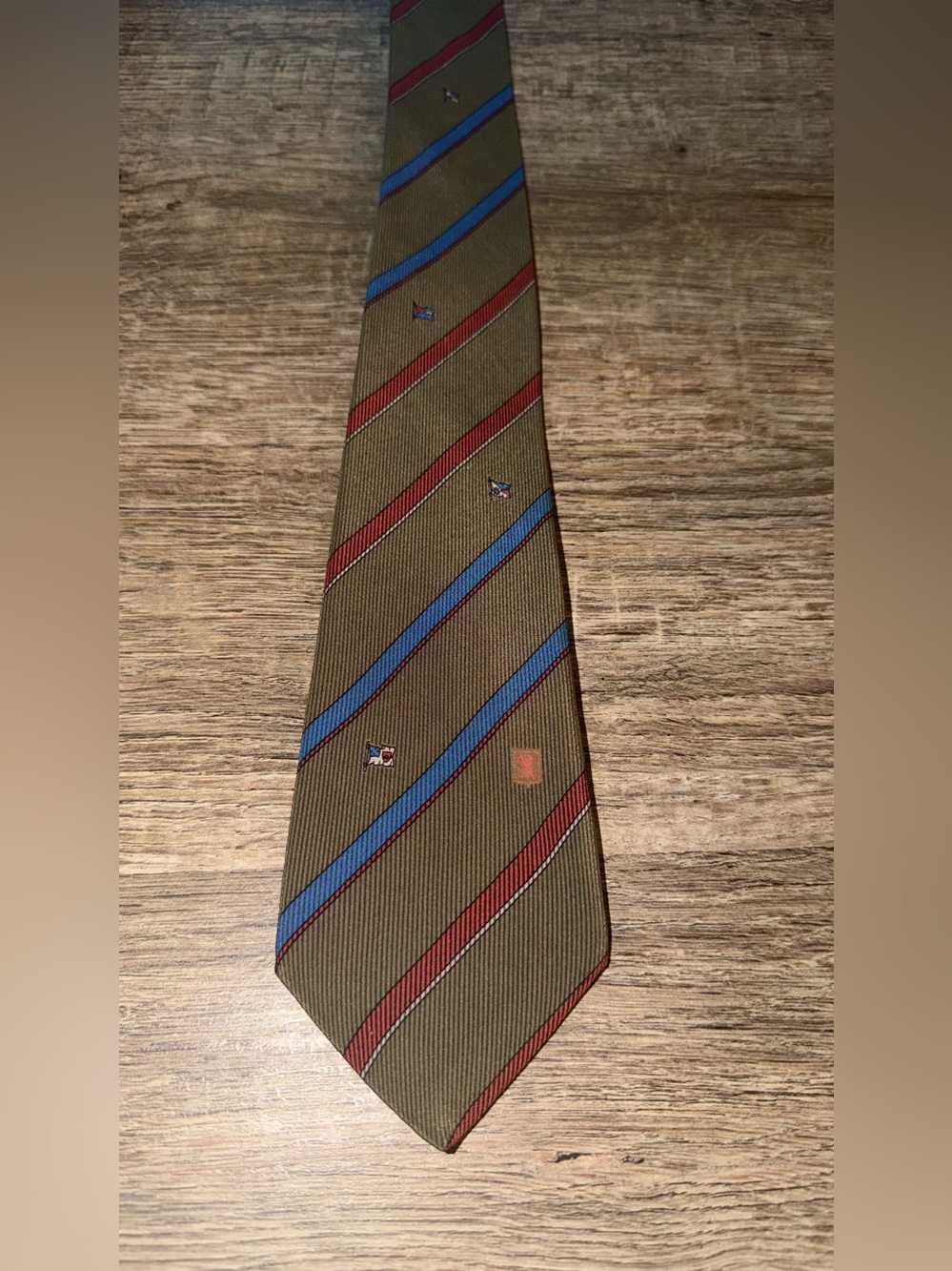 Celine Olive Stripe Tie with Red & Blue Bands